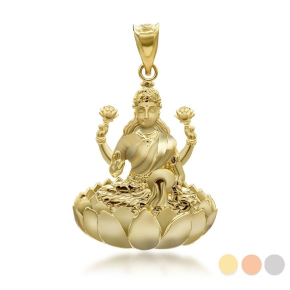 10k Solid Gold Lakshmi God Hindu Pendant Charm - Yellow, Rose, or White Gold